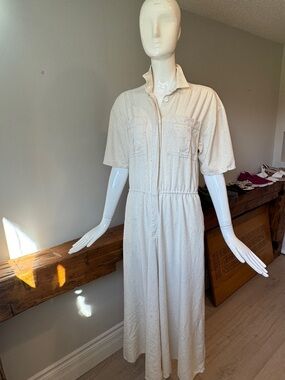 Vintage 100% Silk Safari Shirt Dress Cream Speckled Hong Kong Luxury S/M